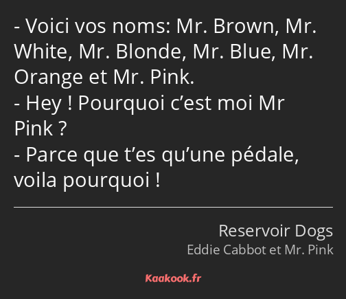 Voici vos noms: Mr. Brown, Mr. White, Mr. Blonde, Mr. Blue, Mr. Orange et Mr. Pink. Hey ! Pourquoi…