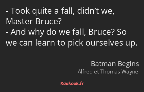 Took quite a fall, didn’t we, Master Bruce? And why do we fall, Bruce? So we can learn to pick…