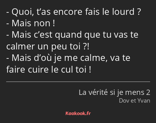 Quoi, t’as encore fais le lourd ? Mais non ! Mais c’est quand que tu vas te calmer un peu toi…