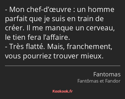 Mon chef-d’œuvre : un homme parfait que je suis en train de créer. Il me manque un cerveau, le tien…