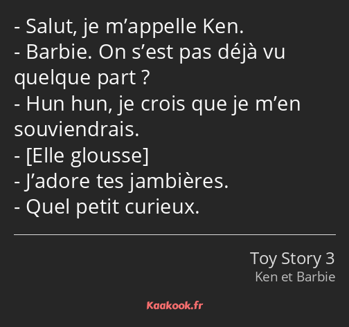 Salut, je m’appelle Ken. Barbie. On s’est pas déjà vu quelque part ? Hun hun, je crois que je m’en…