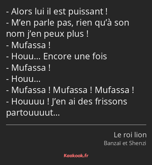 Alors lui il est puissant ! M’en parle pas, rien qu’à son nom j’en peux plus ! Mufassa ! Houu……