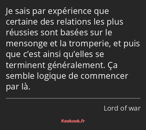 Je sais par expérience que certaine des relations les plus réussies sont basées sur le mensonge et…