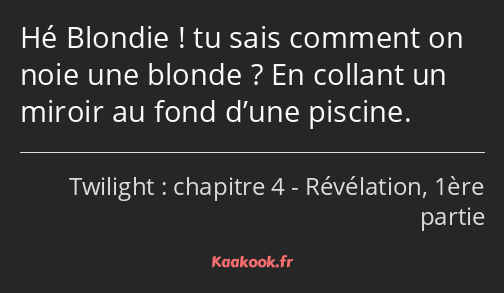 Hé Blondie ! tu sais comment on noie une blonde ? En collant un miroir au fond d’une piscine.