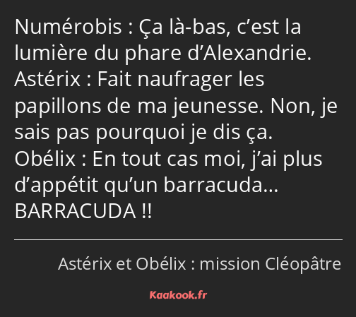 Ça là-bas, c’est la lumière du phare d’Alexandrie. Fait naufrager les papillons de ma jeunesse. Non…