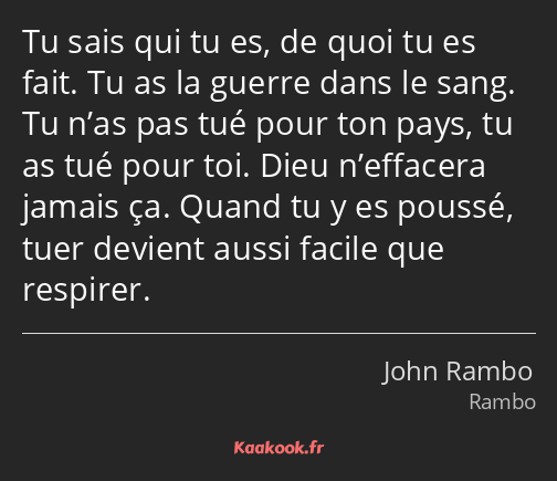 Tu sais qui tu es, de quoi tu es fait. Tu as la guerre dans le sang. Tu n’as pas tué pour ton pays…