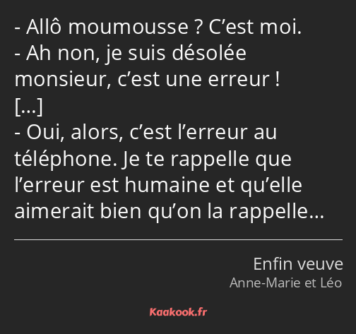 Allô moumousse ? C’est moi. Ah non, je suis désolée monsieur, c’est une erreur ! Oui, alors, c’est…