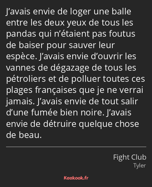 J’avais envie de loger une balle entre les deux yeux de tous les pandas qui n’étaient pas foutus de…