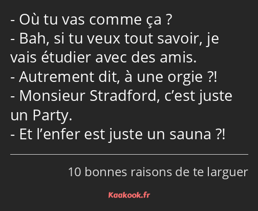 Où tu vas comme ça ? Bah, si tu veux tout savoir, je vais étudier avec des amis. Autrement dit, à…