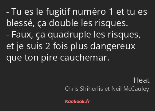 Tu es le fugitif numéro 1 et tu es blessé, ça double les risques. Faux, ça quadruple les risques…