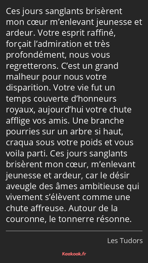 Ces jours sanglants brisèrent mon cœur m’enlevant jeunesse et ardeur. Votre esprit raffiné, forçait…