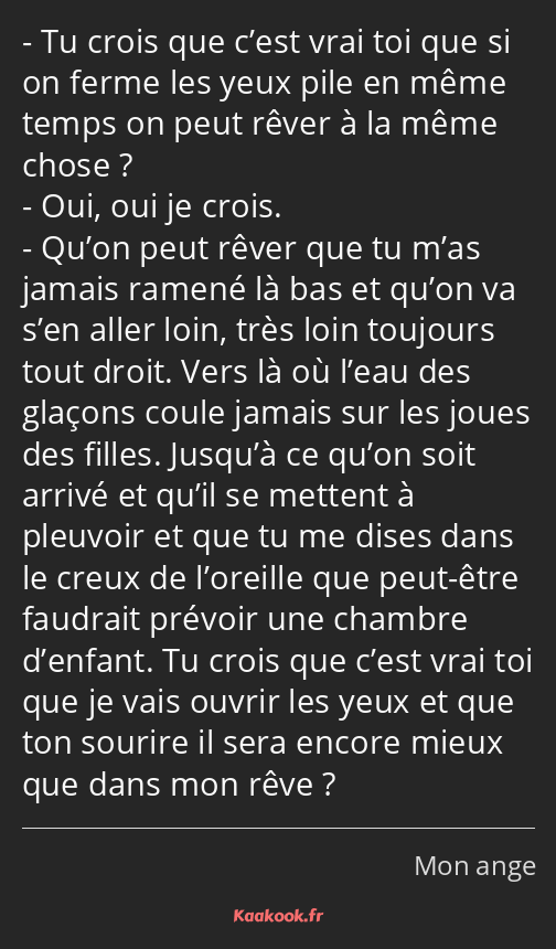 Tu crois que c’est vrai toi que si on ferme les yeux pile en même temps on peut rêver à la même…