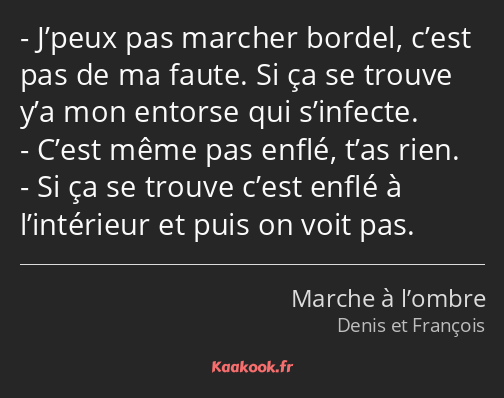 J’peux pas marcher bordel, c’est pas de ma faute. Si ça se trouve y’a mon entorse qui s’infecte…