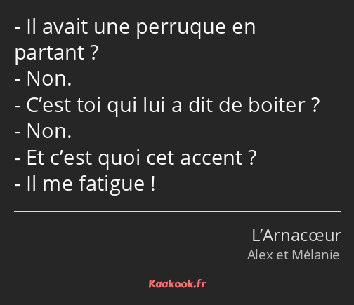 Il avait une perruque en partant ? Non. C’est toi qui lui a dit de boiter ? Non. Et c’est quoi cet…