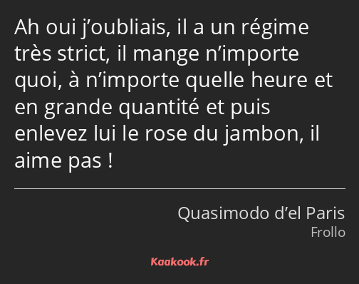 Ah oui j’oubliais, il a un régime très strict, il mange n’importe quoi, à n’importe quelle heure et…