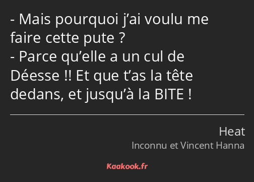 Mais pourquoi j’ai voulu me faire cette pute ? Parce qu’elle a un cul de Déesse !! Et que t’as la…