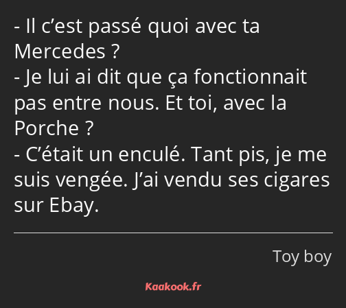 Il c’est passé quoi avec ta Mercedes ? Je lui ai dit que ça fonctionnait pas entre nous. Et toi…