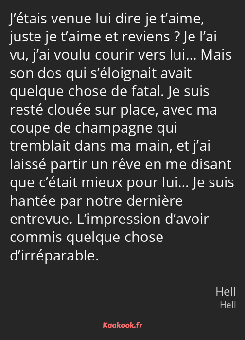 J’étais venue lui dire je t’aime, juste je t’aime et reviens ? Je l’ai vu, j’ai voulu courir vers…