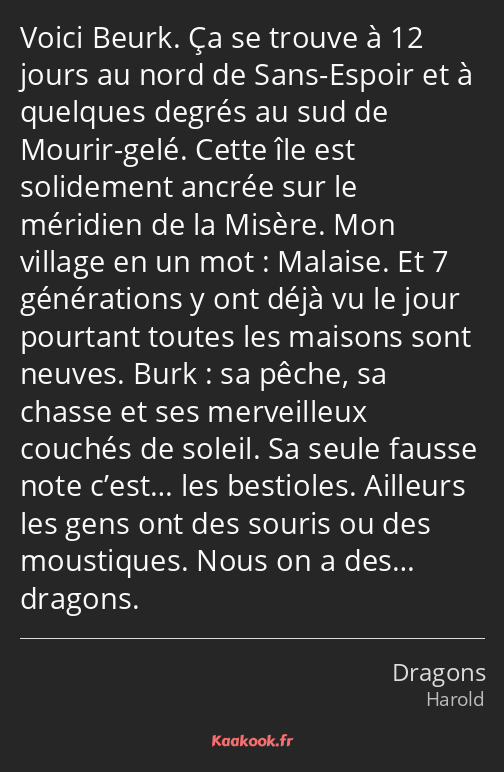 Voici Beurk. Ça se trouve à 12 jours au nord de Sans-Espoir et à quelques degrés au sud de Mourir…