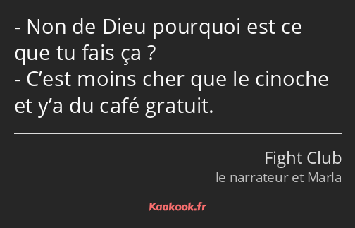 Non de Dieu pourquoi est ce que tu fais ça ? C’est moins cher que le cinoche et y’a du café gratuit.