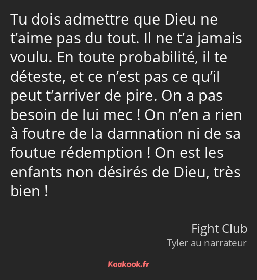 Tu dois admettre que Dieu ne t’aime pas du tout. Il ne t’a jamais voulu. En toute probabilité, il…