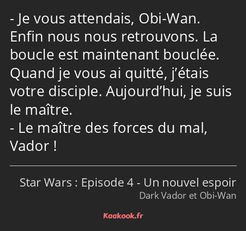 Je vous attendais, Obi-Wan. Enfin nous nous retrouvons. La boucle est maintenant bouclée. Quand je…