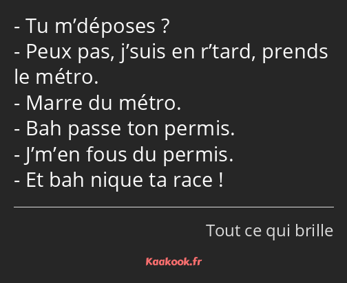 Tu m’déposes ? Peux pas, j’suis en r’tard, prends le métro. Marre du métro. Bah passe ton permis…