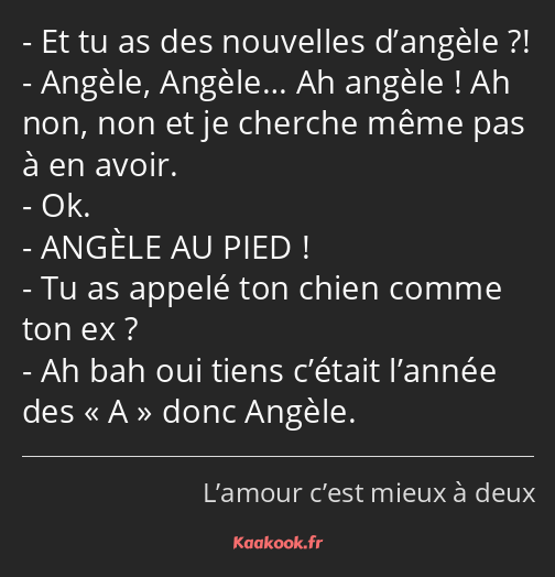 Et tu as des nouvelles d’angèle ?! Angèle, Angèle… Ah angèle ! Ah non, non et je cherche même pas à…