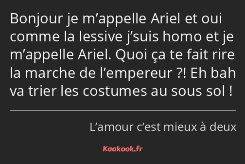 Bonjour je m’appelle Ariel et oui comme la lessive j’suis homo et je m’appelle Ariel. Quoi ça te…