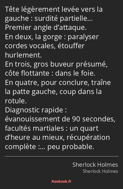 Tête légèrement levée vers la gauche : surdité partielle… Premier angle d’attaque. En deux, la…