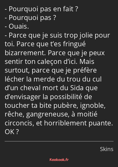 Pourquoi pas en fait ? Pourquoi pas ? Ouais. Parce que je suis trop jolie pour toi. Parce que t’es…