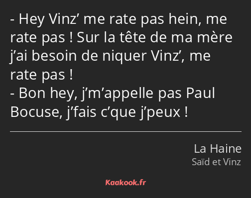 Hey Vinz’ me rate pas hein, me rate pas ! Sur la tête de ma mère j’ai besoin de niquer Vinz’, me…