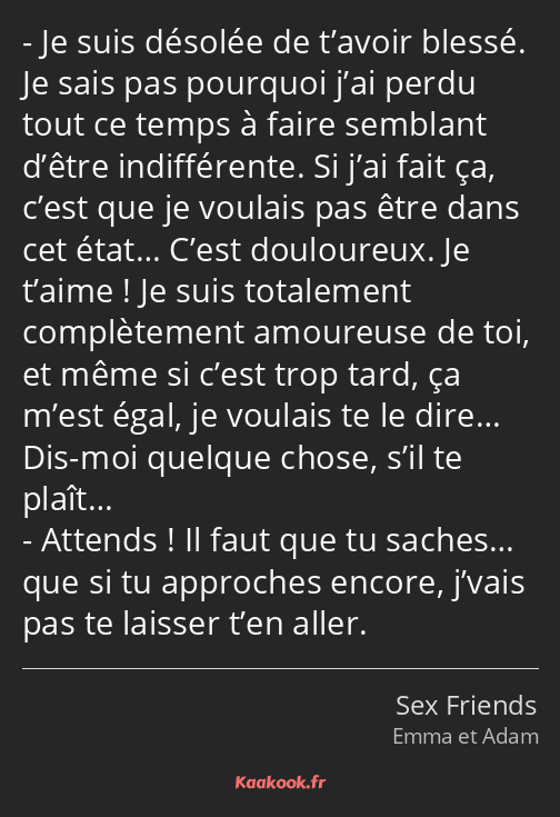 Je suis désolée de t’avoir blessé. Je sais pas pourquoi j’ai perdu tout ce temps à faire semblant…