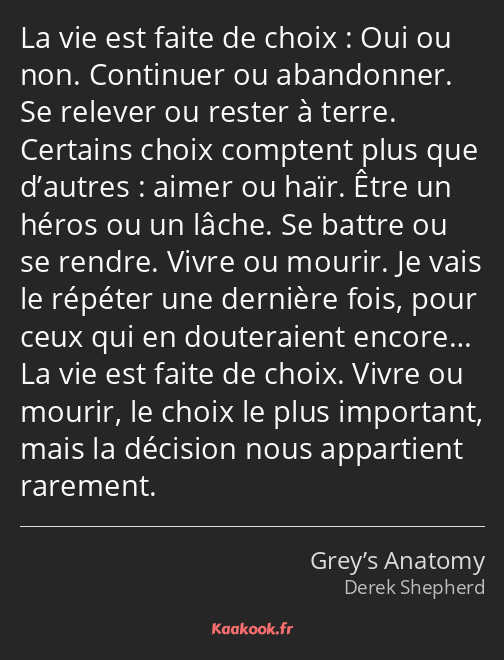 La vie est faite de choix : Oui ou non. Continuer ou abandonner. Se relever ou rester à terre…