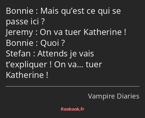 Mais qu’est ce qui se passe ici ? On va tuer Katherine ! Quoi ? Attends je vais t’expliquer ! On…