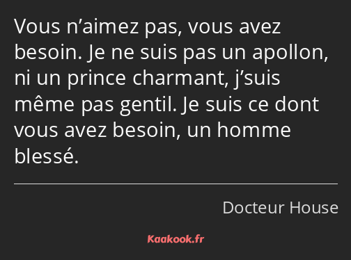 Vous n’aimez pas, vous avez besoin. Je ne suis pas un apollon, ni un prince charmant, j’suis même…