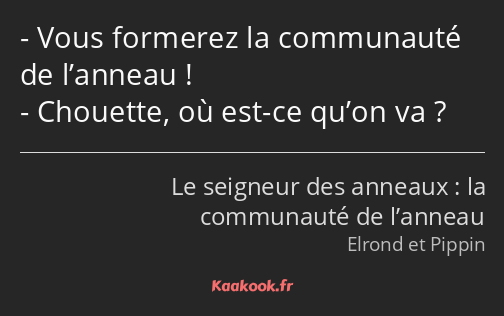 Vous formerez la communauté de l’anneau ! Chouette, où est-ce qu’on va ?