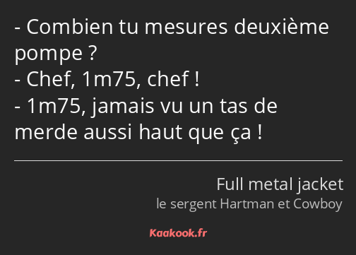 Combien tu mesures deuxième pompe ? Chef, 1m75, chef ! 1m75, jamais vu un tas de merde aussi haut…