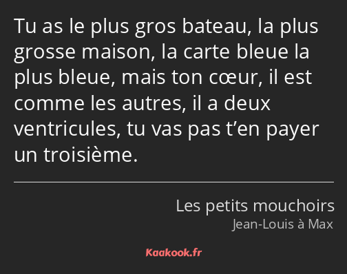 Tu as le plus gros bateau, la plus grosse maison, la carte bleue la plus bleue, mais ton cœur, il…