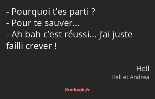 Pourquoi t’es parti ? Pour te sauver… Ah bah c’est réussi… j’ai juste failli crever !