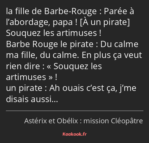 Parée à l’abordage, papa ! Souquez les artimuses ! Du calme ma fille, du calme. En plus ça veut…