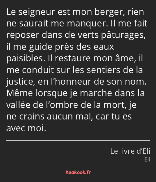 Le seigneur est mon berger, rien ne saurait me manquer. Il me fait reposer dans de verts pâturages…