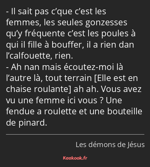 Il sait pas c’que c’est les femmes, les seules gonzesses qu’y fréquente c’est les poules à qui il…