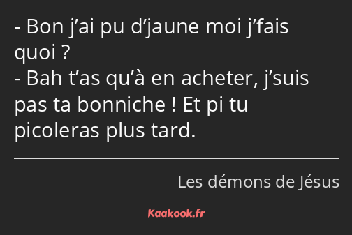 Bon j’ai pu d’jaune moi j’fais quoi ? Bah t’as qu’à en acheter, j’suis pas ta bonniche ! Et pi tu…