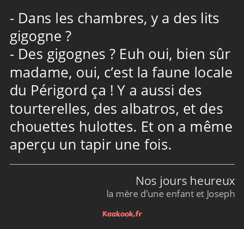 Dans les chambres, y a des lits gigogne ? Des gigognes ? Euh oui, bien sûr madame, oui, c’est la…