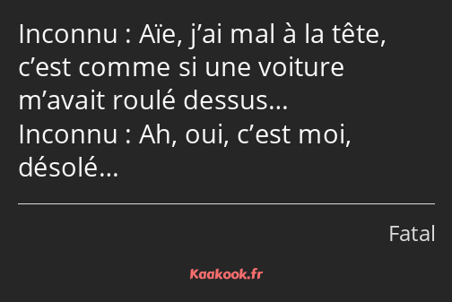 Aïe, j’ai mal à la tête, c’est comme si une voiture m’avait roulé dessus… Ah, oui, c’est moi…