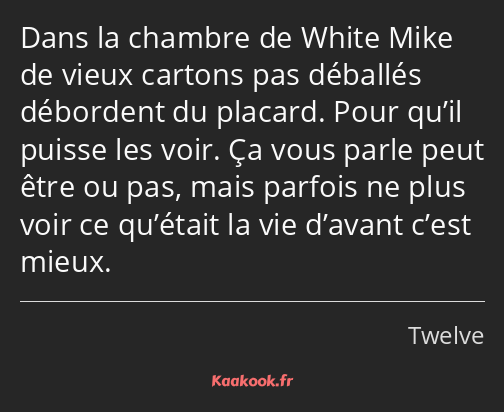 Dans la chambre de White Mike de vieux cartons pas déballés débordent du placard. Pour qu’il puisse…