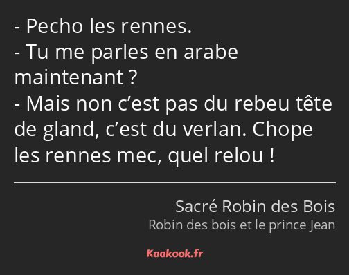 Pecho les rennes. Tu me parles en arabe maintenant ? Mais non c’est pas du rebeu tête de gland…