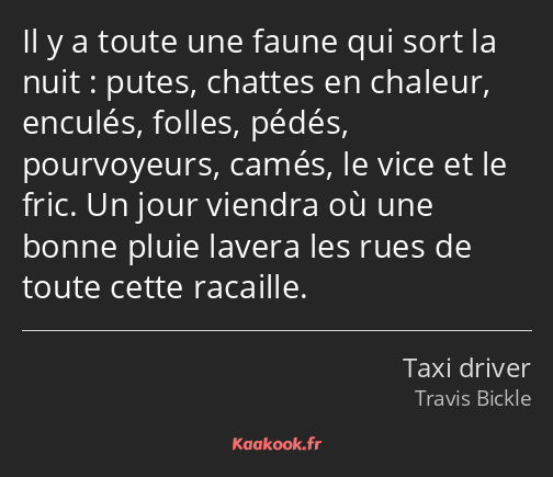 Il y a toute une faune qui sort la nuit : putes, chattes en chaleur, enculés, folles, pédés…