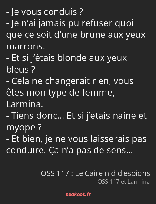 Je vous conduis ? Je n’ai jamais pu refuser quoi que ce soit d’une brune aux yeux marrons. Et si…